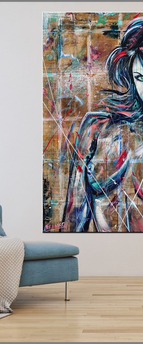 Belle Seduction 120cm x 100cm Sexy Nude Book Page Abstract Realism Art by Franko
