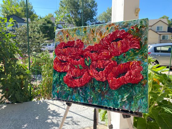 Decorative Modern Palette Knife Textured Painting of Fiery Meadow-Poppies 20" x 16" x 1.5"