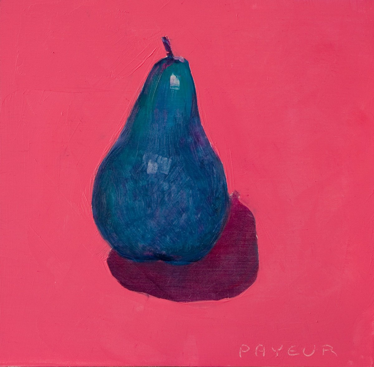 modern still life of blue pear on pink by Olivier Payeur
