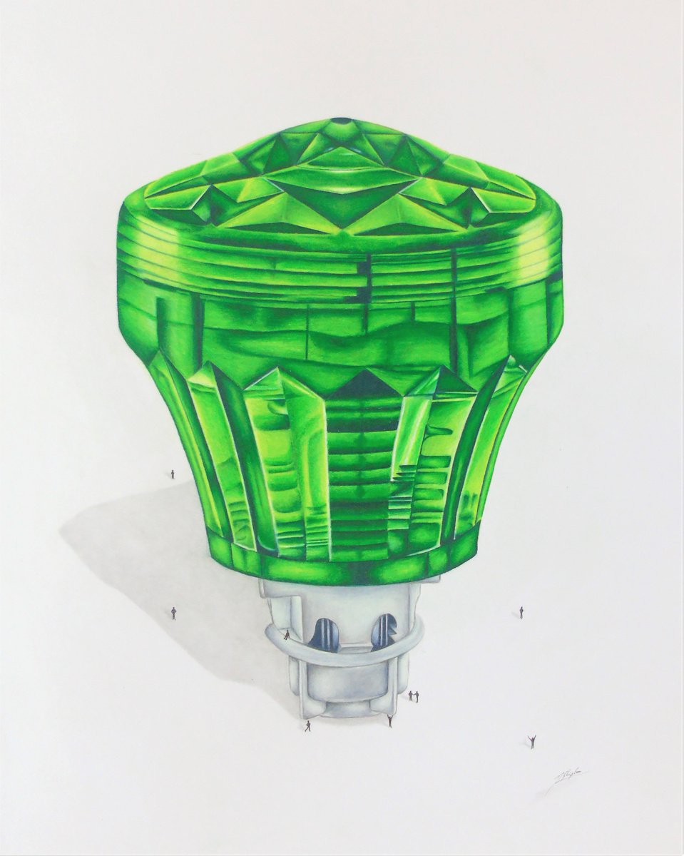 Urban And Pop Still Life Pencil Drawing By Daniel Shipton, 16 X 20, Fairground Light Bulb Green, Original Artwork