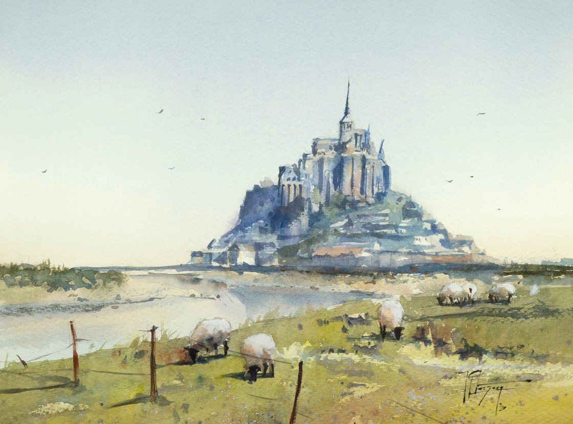 Landscape Watercolour Art Giclée Print, Mont St Michel - French Landmarks, Fine order Art Print