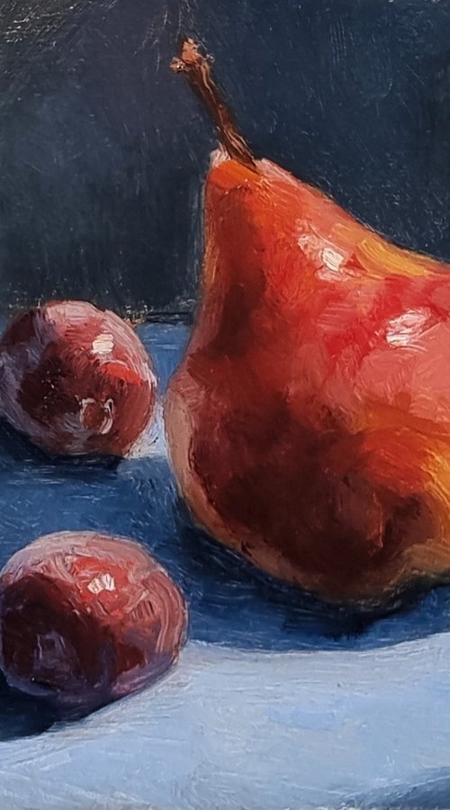 Pear and Two Plums by Pascal Giroud