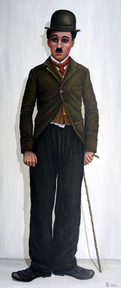 Photorealistic Portrait Oil Painting By Grigor Velev, 15 X 35, Chaplin, Original Artwork