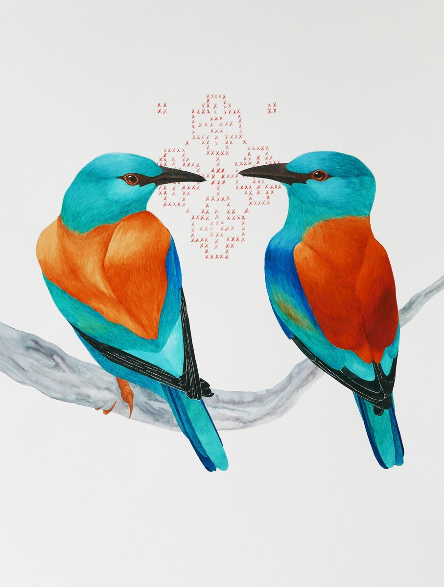 Illustrative Animal Watercolour By Karina Danylchuk, 20 X 26", Re:connection - 2 European Rollers Reconnect, Original Artwork