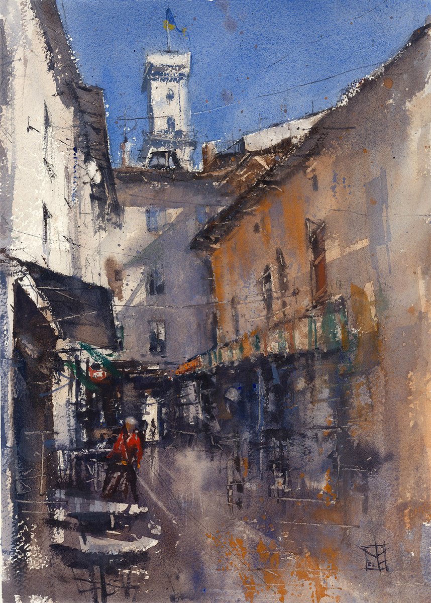Impressionistic Cityscapes Watercolour By Yurii Prysiazhnyi, 11 X 15", Old City In Lviv, Original Artwork