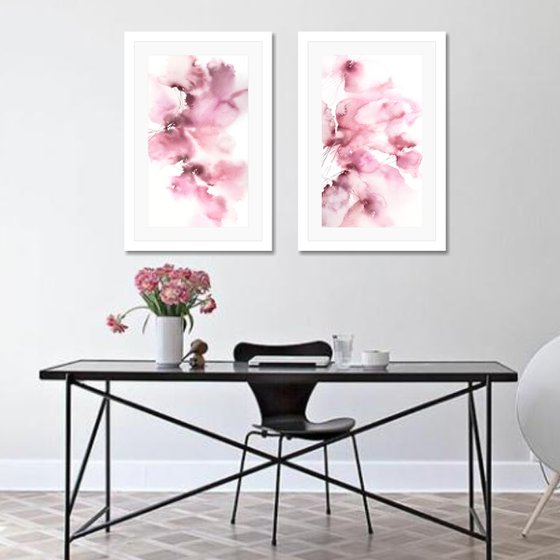 Pink abstract flowers painting, diptych "Floral marshmallow"