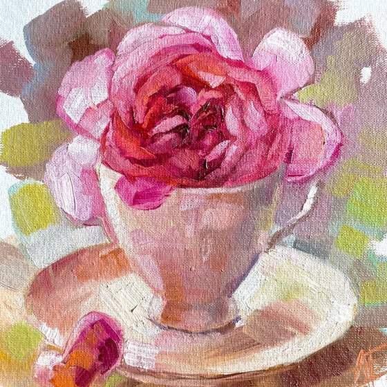 Set of 2 small oil paintings: pink rose in vintage cup and white peony. Gift for her, mother, sister pocket tiny painting
