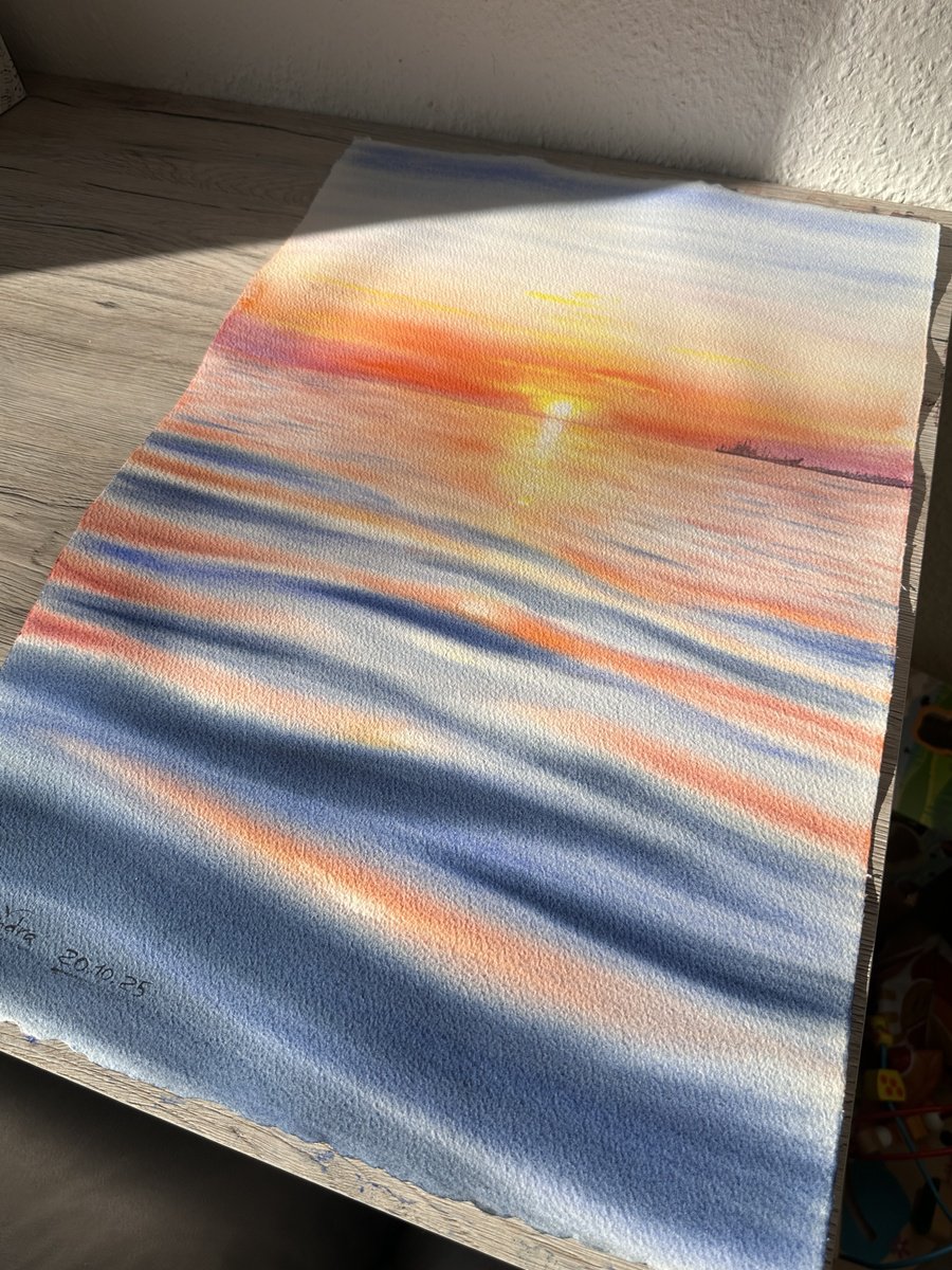 Photorealistic Watercolour , Native Sunset Over The Sea By Oleksandra Padushyna, 15 X 22, Artwork For Sale On Artfinder