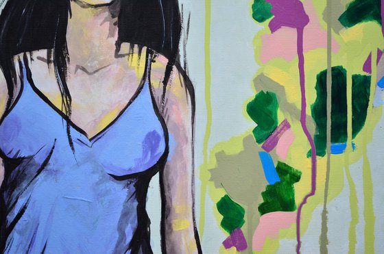 Green Loving Hot Peppers Girl - Original Modern Painting Art on Canvas Ready To Hang