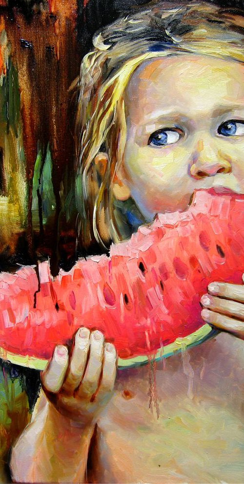 baby with watermelon by Vladimir Lutsevich