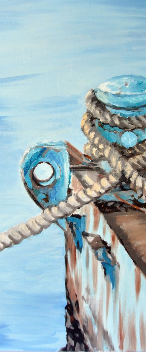 Painting of sea wharf with rope on the shore by Anna Brazhnikova