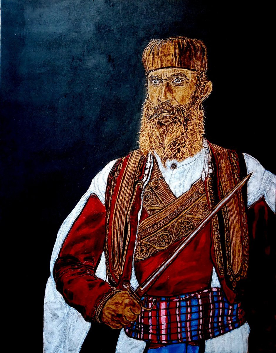 Expressive Portrait Painting By Milis Pyrography, 14 X 18", The Montenegrin Warrior, Original Artwork