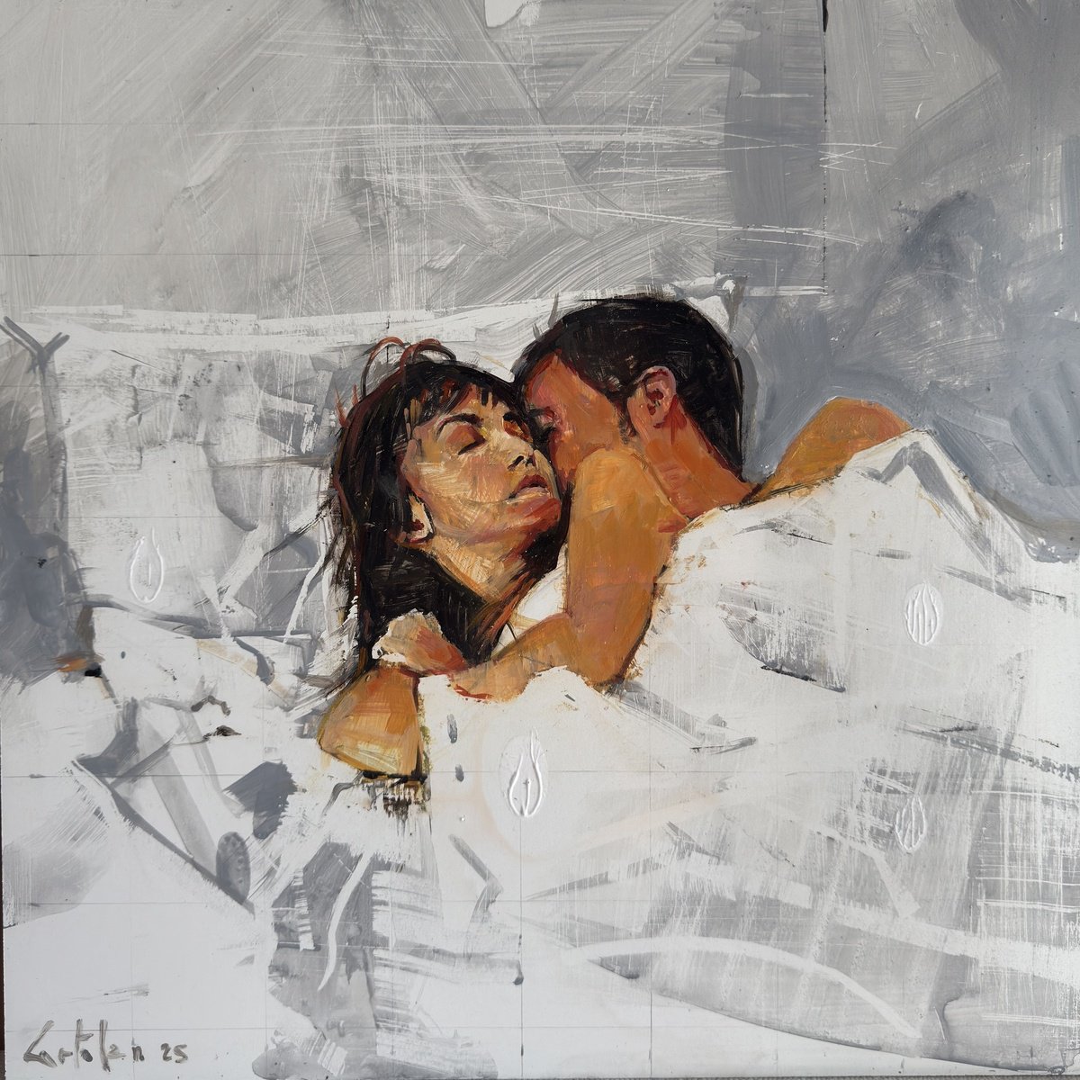 Impressionistic Portrait Oil Painting By Marco Ortolan, 17 X 17", Lovers, Original Artwork