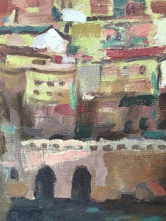 Original Oil Painting Wall Art Artwork Signed Hand Made Jixiang Dong Canvas 25cm × 30cm Manarola Italy small building Impressionism