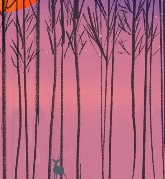 Orange Sunset, deer animal art