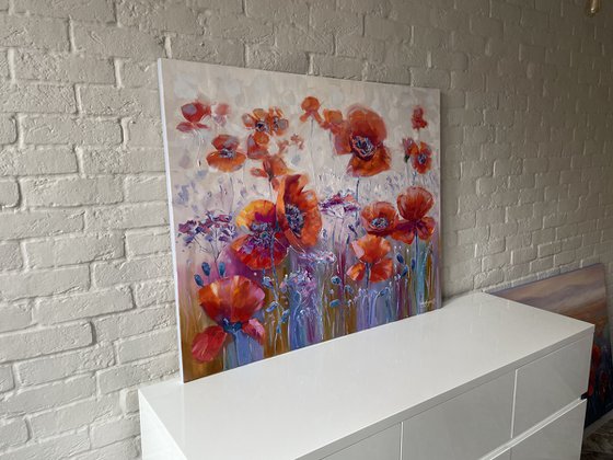 "Red poppies". Flowers oil painting. 100x80cm