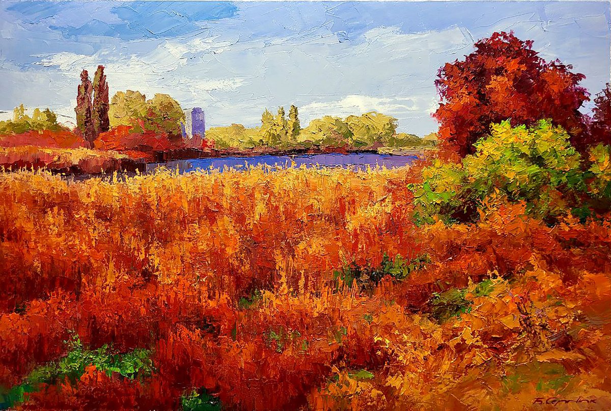 Impressionistic Landscape Oil Painting By Boris Serdyuk, 35 X 24, Autumn Is Crimson, Original Artwork