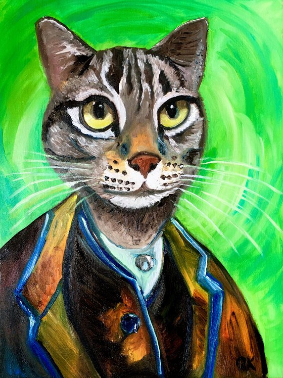 Cat Vincent Van Gogh inspired by his self-portrait on green background