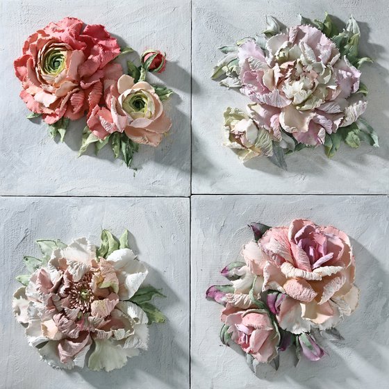 Quadriptych * 50x50 cm multi panels artwork * Sculpture painting flowers from plaster * 2020 Painting by Evgenia Ermilova