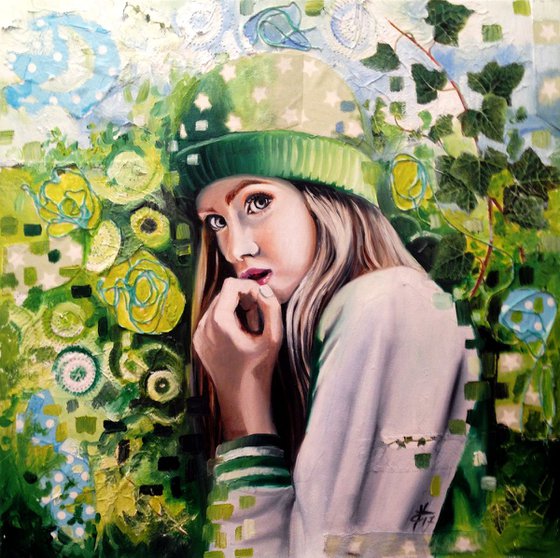 Green hat - original painting  portrait- 40 x 40 cm (16'x16')