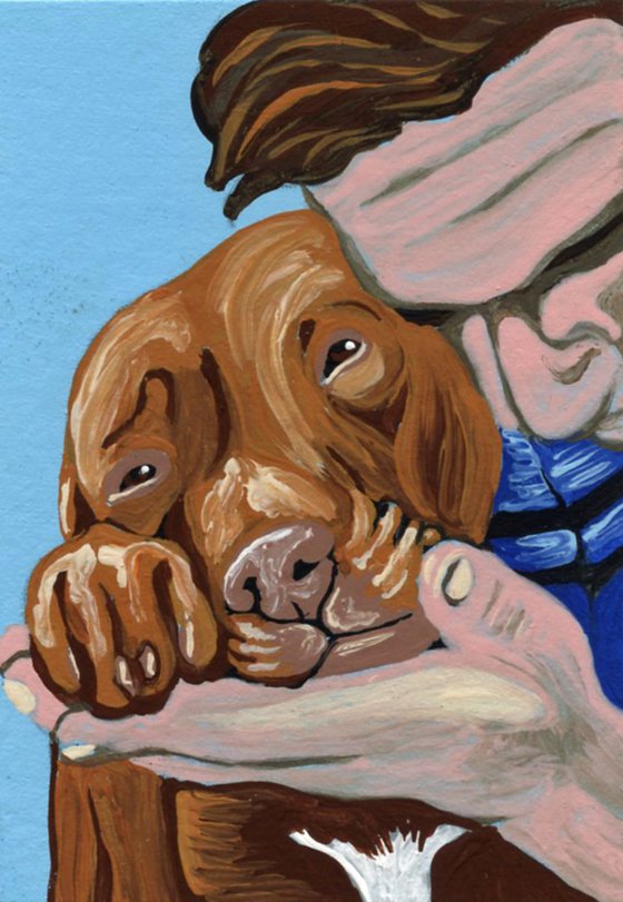 ACEO ATC Original Miniature Painting Pit Bull Pet Dog Human Love Art-Carla Smale