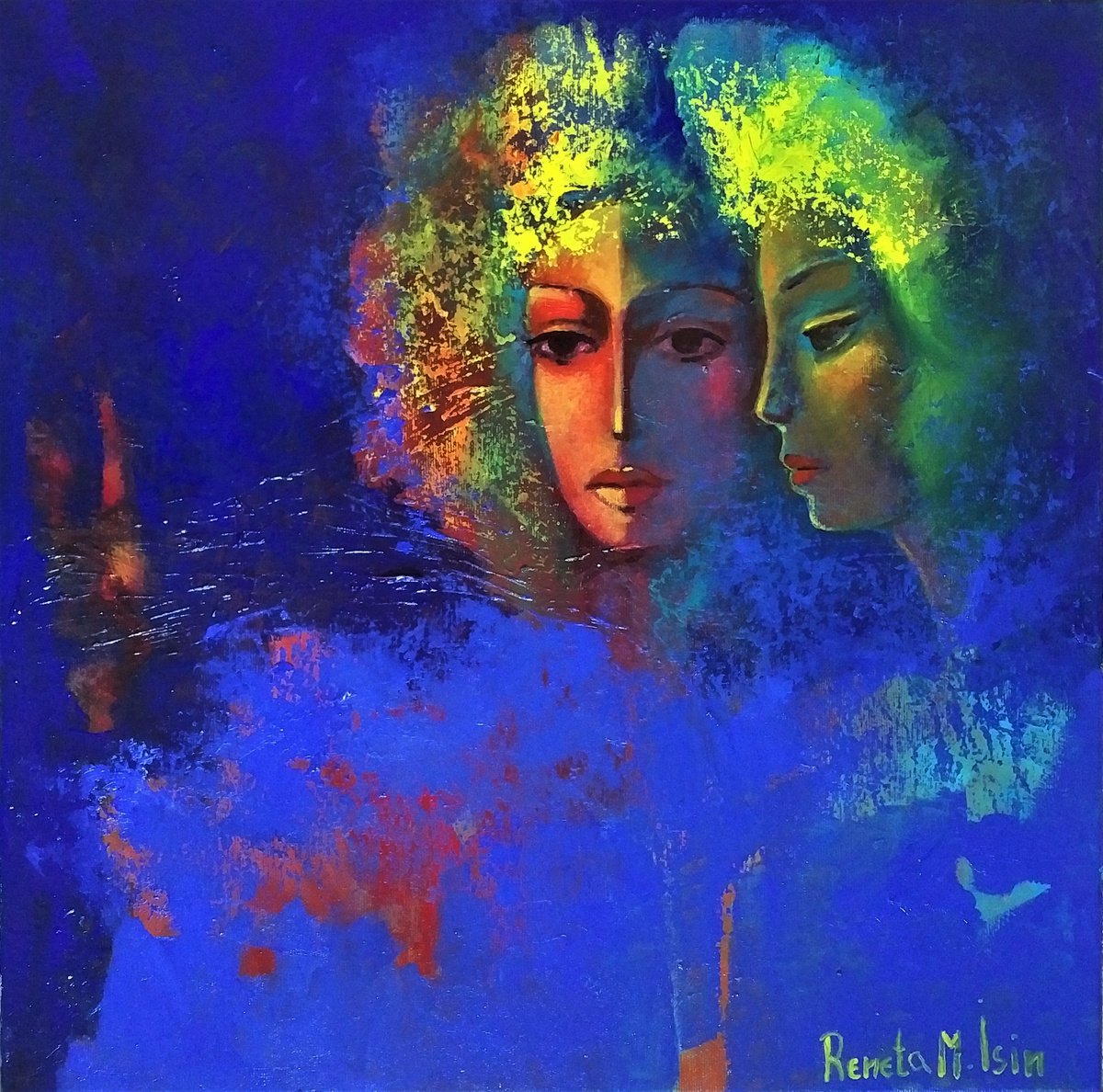 Surrealistic Portrait Oil Painting By Reneta Isin, 20 X 20", " Day And Night ", Original Artwork