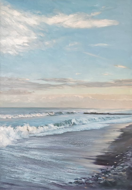 "Sea" Blue white seashore oil art