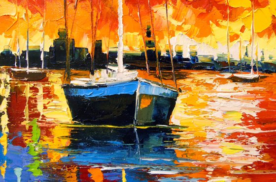 Bay Harmony: Sunset and Sailboats