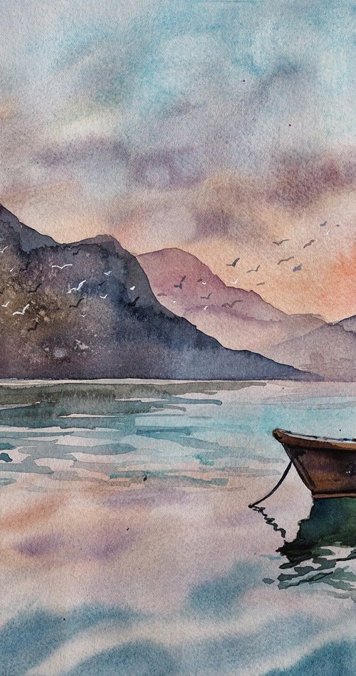 Sunset on Phewa lake - original watercolor landscape from Nepal-trip by Delnara El