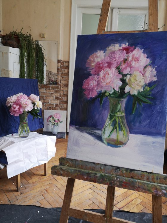 Peonies on a blue background