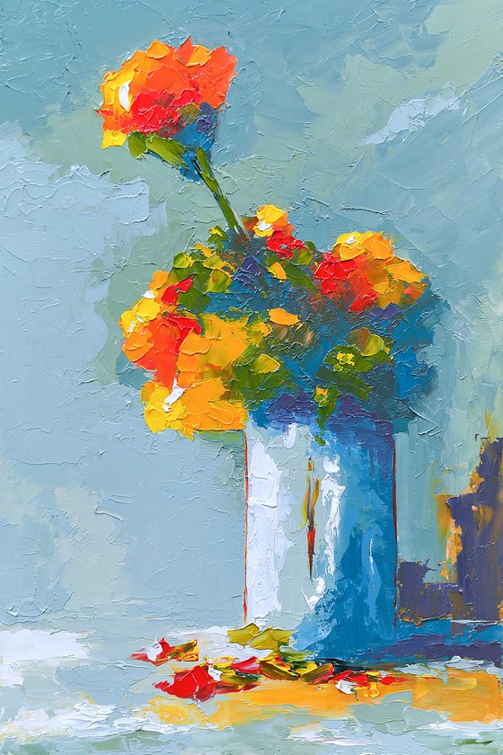 Modern still life painting. Still life with flowers in vase