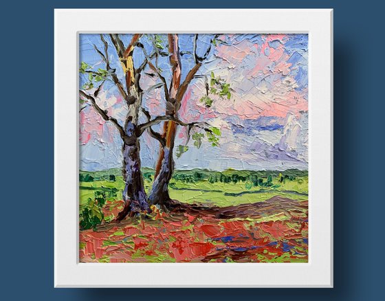 Landscape with the trees. Original impasto, Palette knife oil