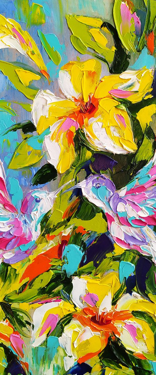 Love in flowers - birds, hummingbird, love, birds in flowers, lovers, flowers, oil painting, flowers oil painting, gift idea by Anastasia Kozorez