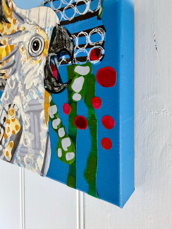 Cockatoo and Banksias Bird Collage Painting