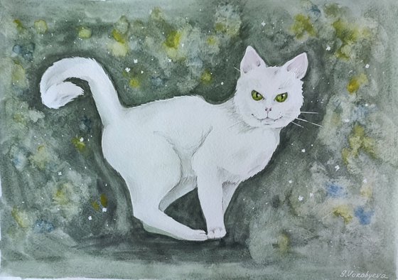 White cat. Watercolor painting on paper. Original artwork by Svetlana Vorobyeva