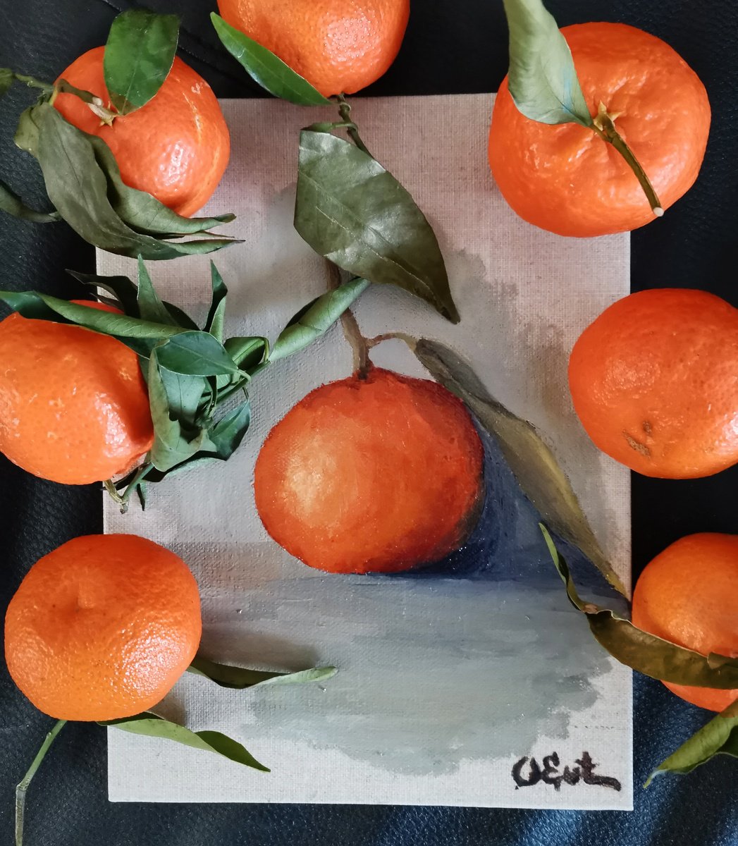 Impressionistic Still Life Oil Painting By Oksana Siciliana, 7 X 9", Sicilian Mandarin, Original Artwork