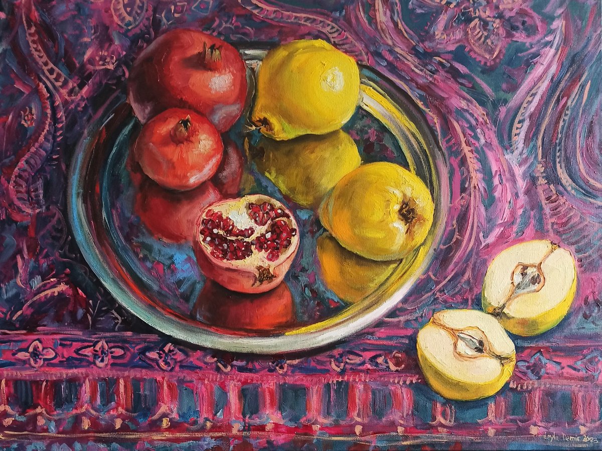 Impressionistic Still Life Oil Painting By Leyla Demir, 31 X 24", Pomegranate And Quinces, Original Artwork