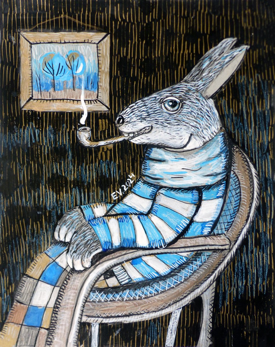 Expressive Animal Painting By Elizabeth Vlasova, 11 X 14, Rabbit With A Pipe, Original Artwork