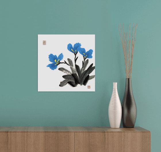 Blue Irises and Red Ladybug