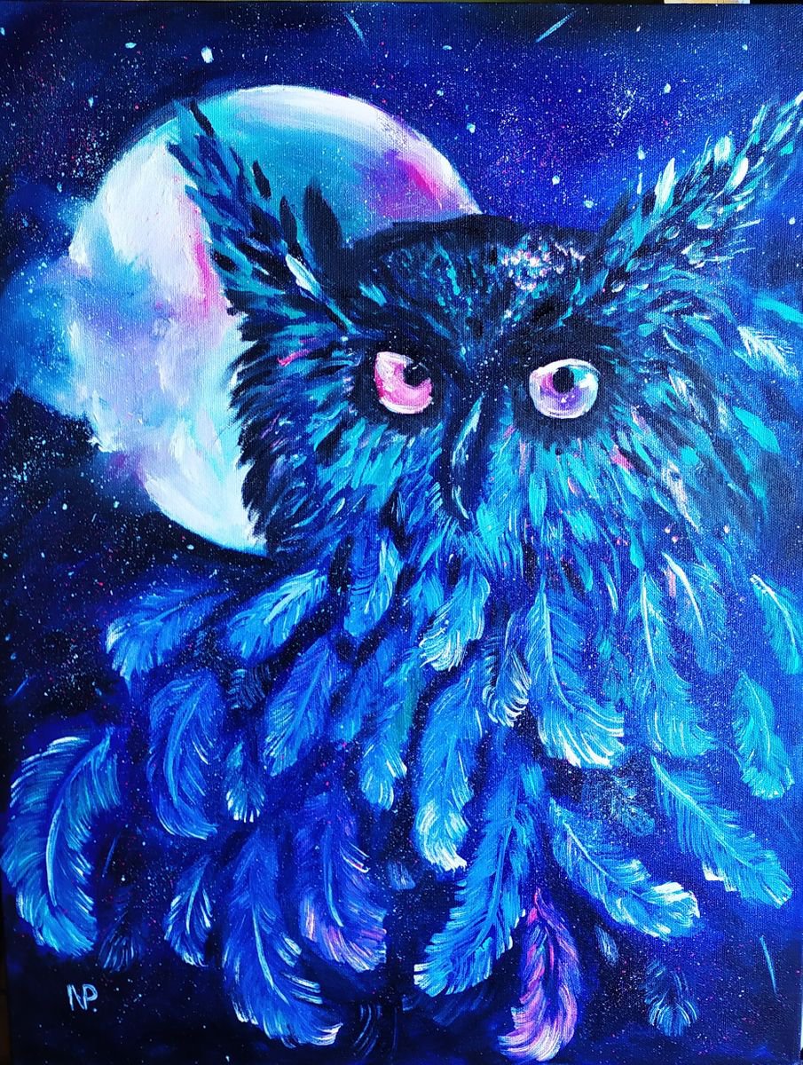 Owl, original surreal oil painting, gift idea, art for home, bedroom painting by Nataliia Plakhotnyk