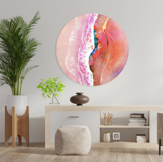 Secret Island 2 - Circular Abstract Painting, 90 cm diameter