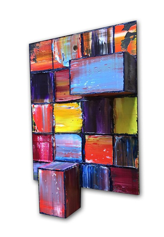 "We Just Fit" - FREE USA SHIPPING - Original Diptych PMS Mixed Media Sculptural Paintings On Wood, Framed - 16 x 11.5 inches