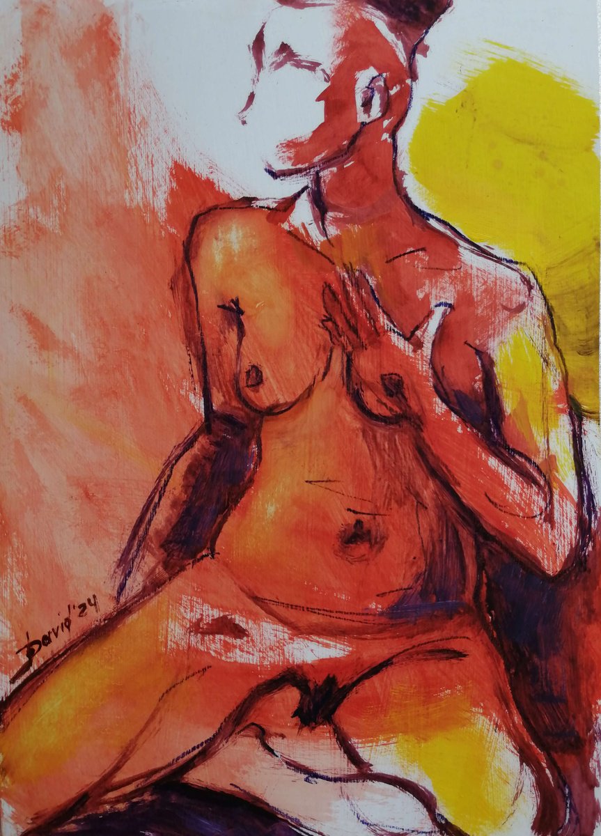 Nude orange study women oil on paper by Olga David