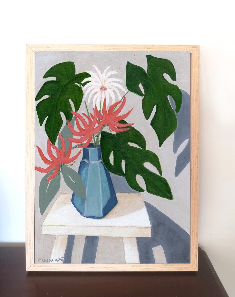 Expressive Botanical Acrylic Painting By Marisa Anon, 13 X 17", Plant Stool 2, Original Artwork