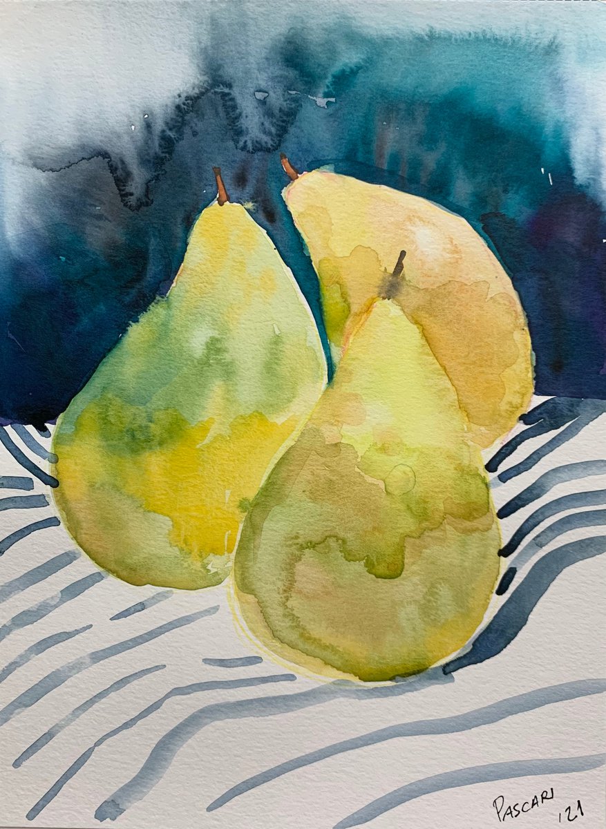 Impressionistic Still Life Watercolour By Olga Pascari, 8 X 11", Pears, Original Artwork
