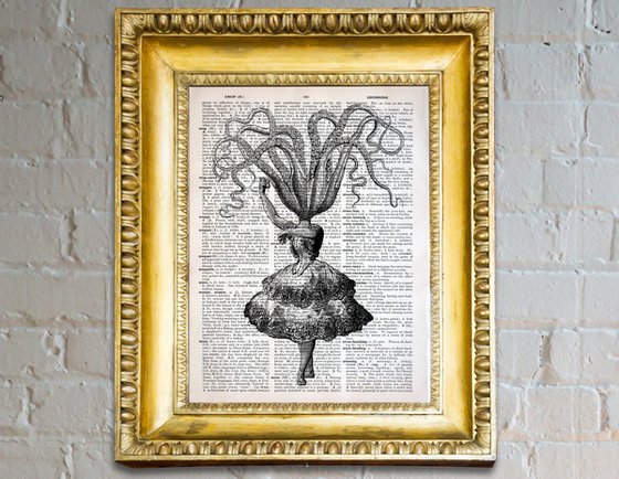 Octopus Flamenco Dancer - Collage Art Print on Large Real English Dictionary Vintage Book Page