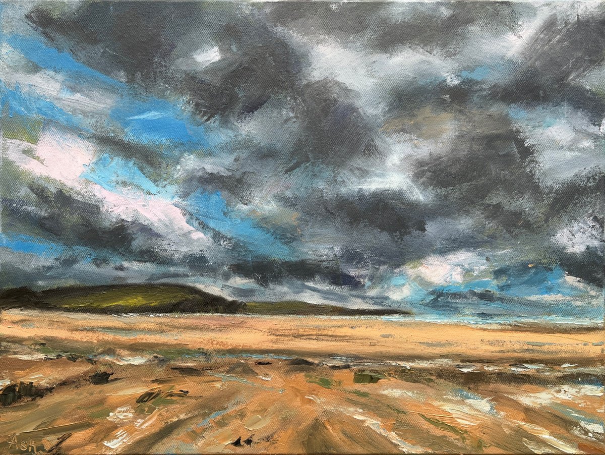 Expressive Landscape Oil Painting By Ashley Baldwin-Smith, 24 X 18, Sea, Sand, Sun And Storms, Original Artwork