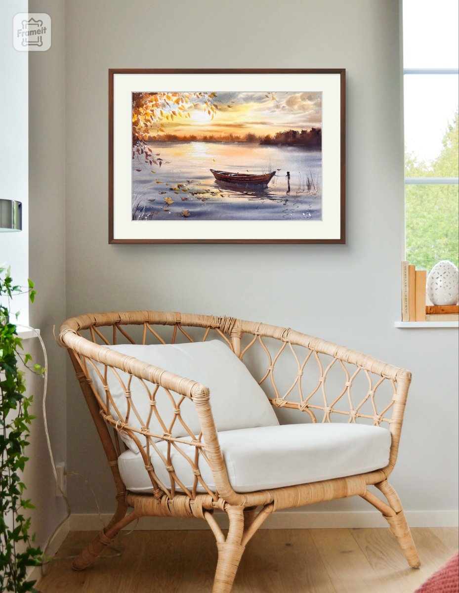 Impressionistic Watercolour , Autumn Sunset Boat By Eugenia Gorbacheva, 18 X 12, Artwork For Sale On Artfinder