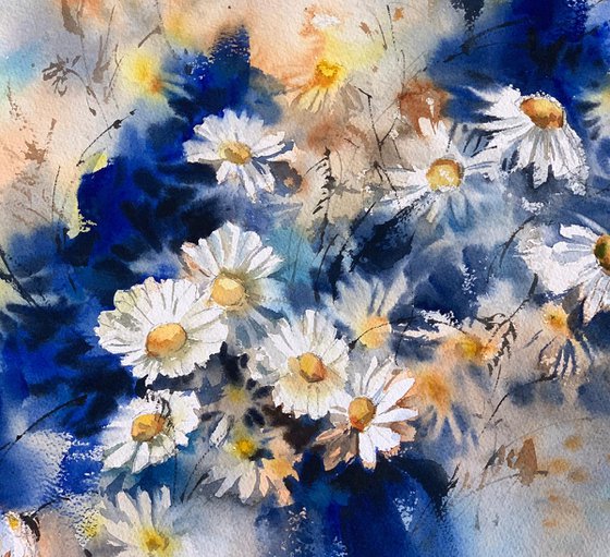 White Daisies Watercolor Painting