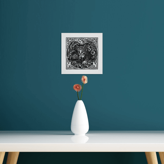 Linocut Print Kitty, Kitten, Cat Catching Mouse.